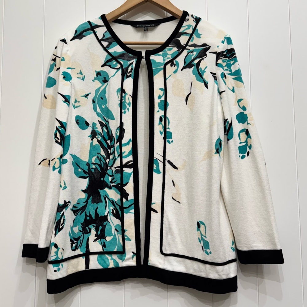 Ming Wang Knit Open Cardigan Sweater Jacket Top Black White Mint Size Medium